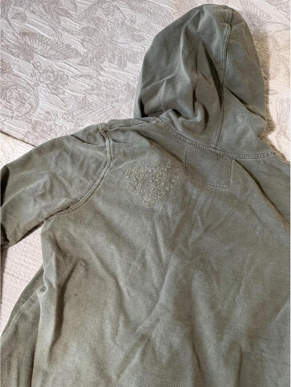 y2k green distressed zip up jacket with hood, embroidered hearts - Picture 2 of 8